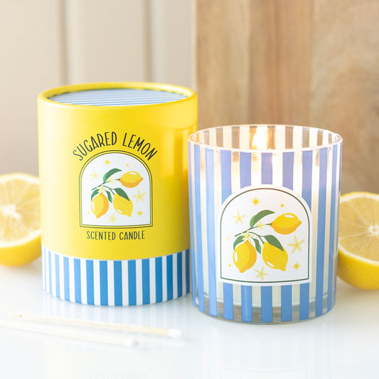 Sugared Lemon scented candle with blue striped packaging 