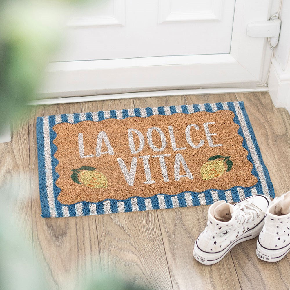 la dolce vita coir doormat with lemons and blue tripes