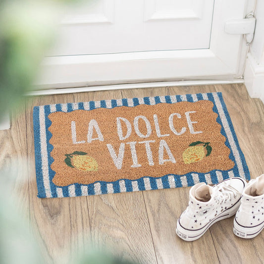 la dolce vita coir doormat with lemons and blue tripes