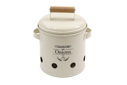 VINTAGE HOME ONIONS STORAGE TIN WITH VENTILATION HOLES AND HANDLE ON LID