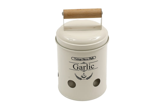 VINTAGE GARLIC STORAGE TIN WITH VENTILATION HOLES AND LID