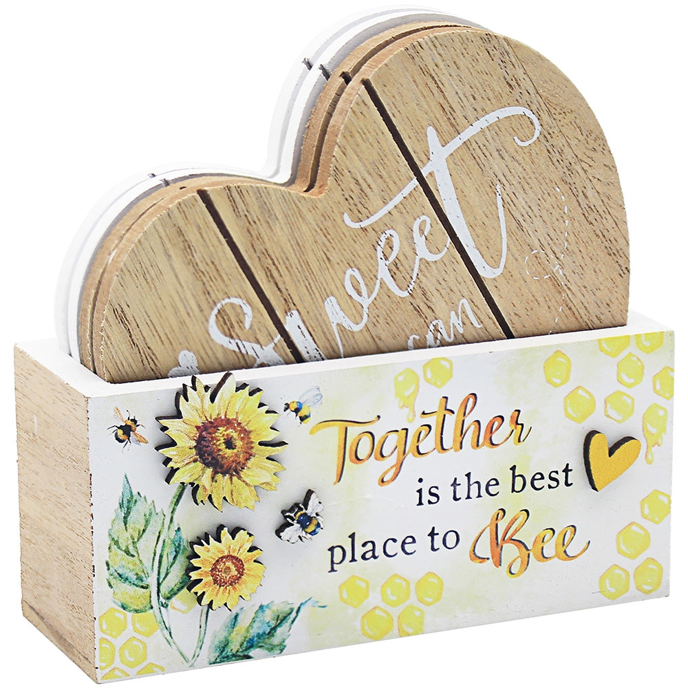 Bee Happy Heart Coaster Set Of 4 in Bee Holder Box and flower and heart details