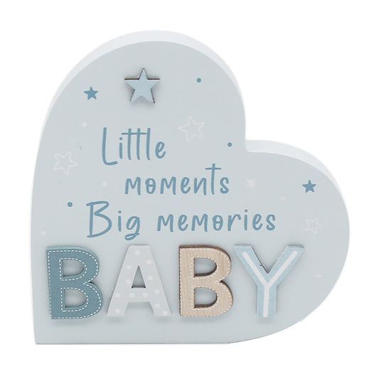 little moments big memories baby wooden 3d plaque in the shape of a heart in blue