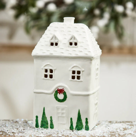 White Christmas ceramic led house with wreath and trees
