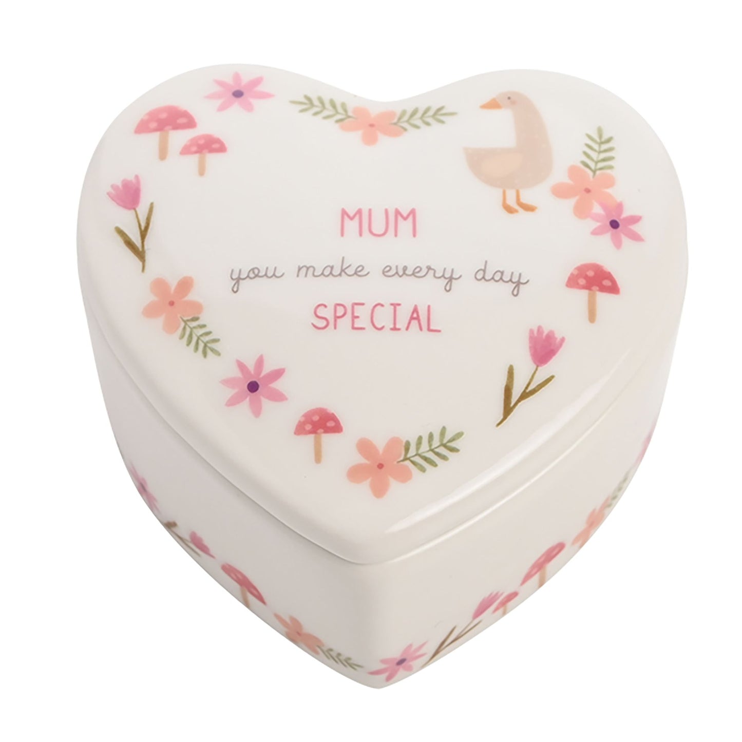 mum you make everyday special shaped heart trinket box with flowers, ducks and mushroom print