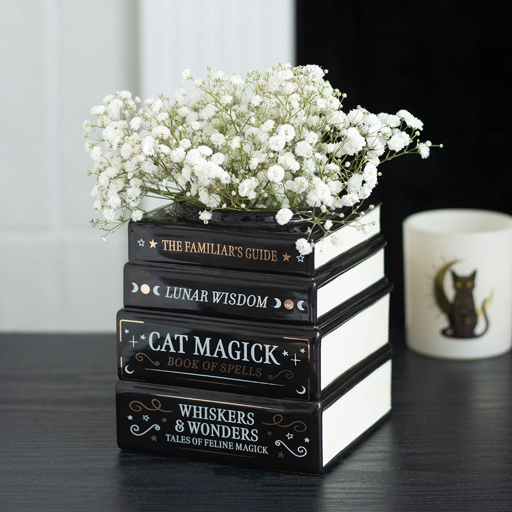 Black Cat Magick book stack vase decorative ornament for gothic home décor and Halloween styling.