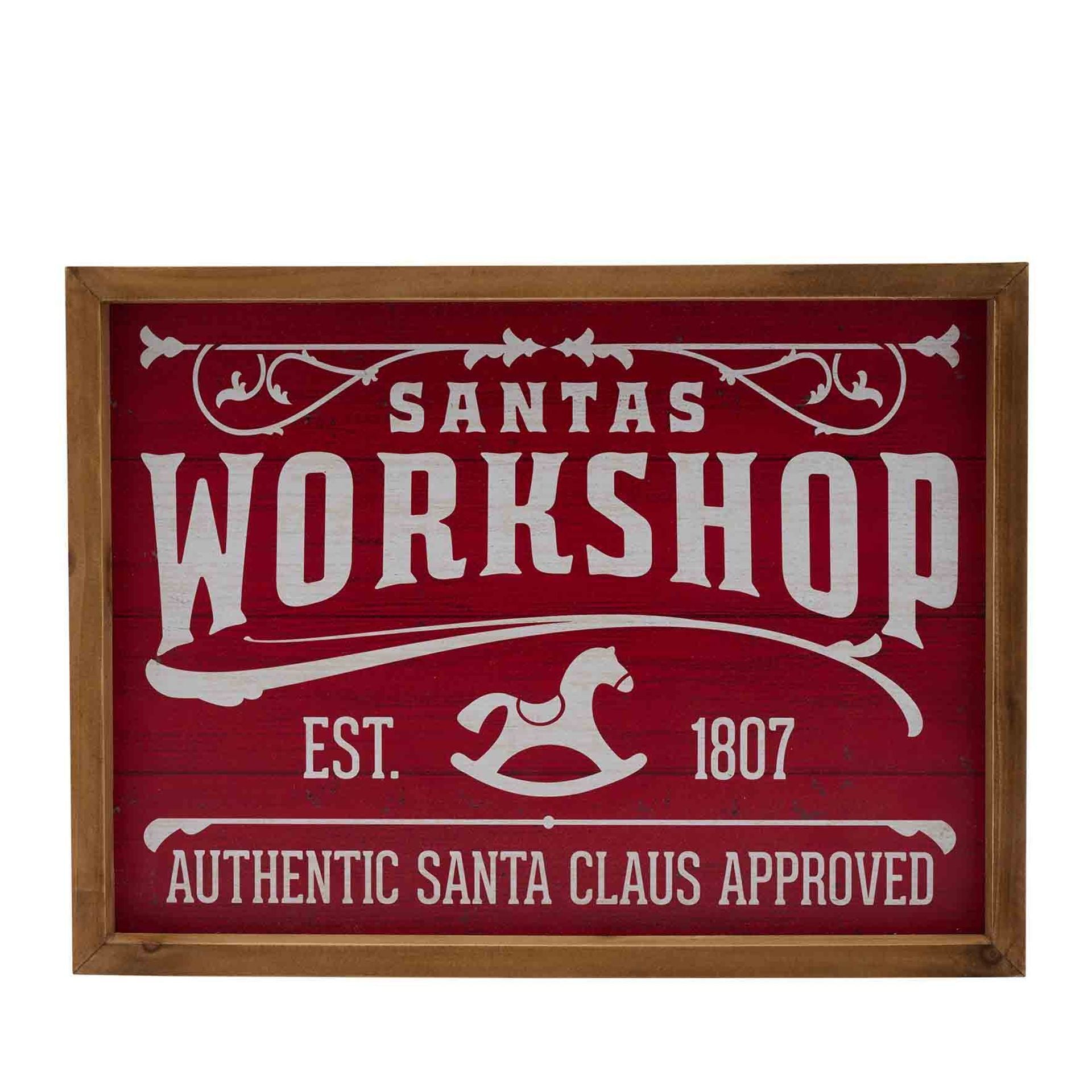 SANTAS WORKSHOP RED WALL PLAQUE 30CM WITH ROCKING HORSE ON THE FRONT