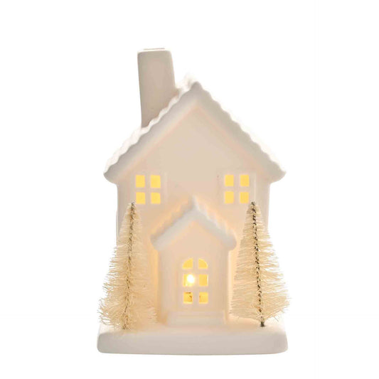 Ceramic led house with christmas trees  out front in white 