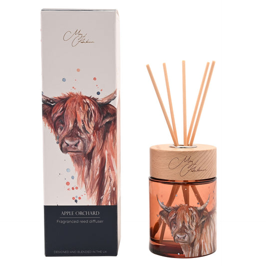 Reed diffuser with wooden lid featuring a highland cow illustration by meg hawkins 150ml apple orchard