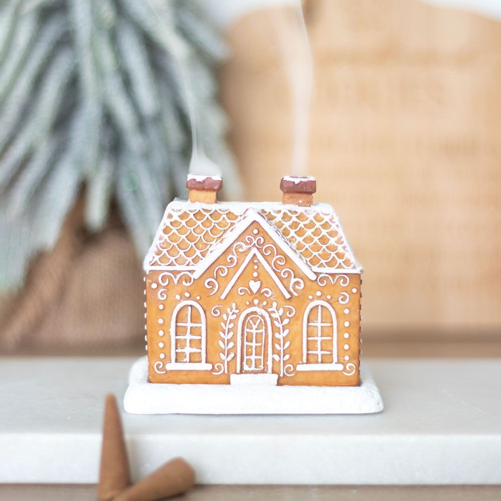 Gingerbread house incense cone burner with double chimney