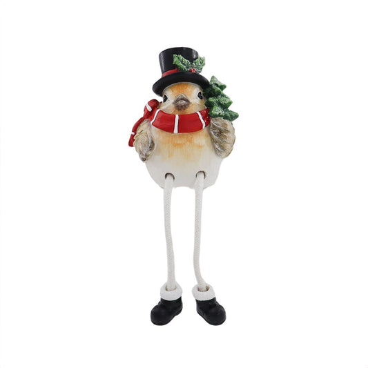 17cm resin robin shelf sitter ornament wearing a top hat and scarf with long dangling legs