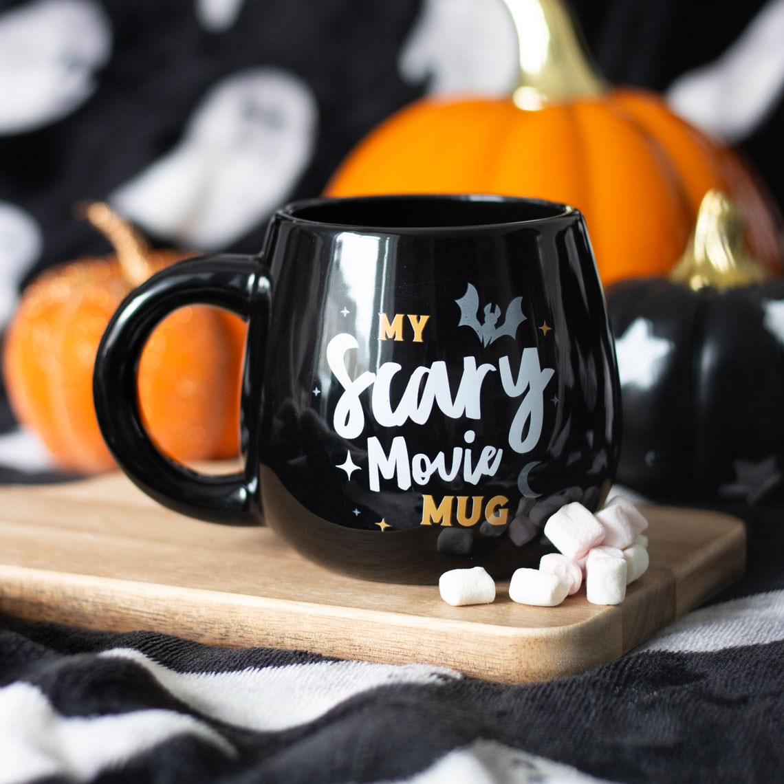 My Scary Movie Halloween mug with bat and crescent moon design