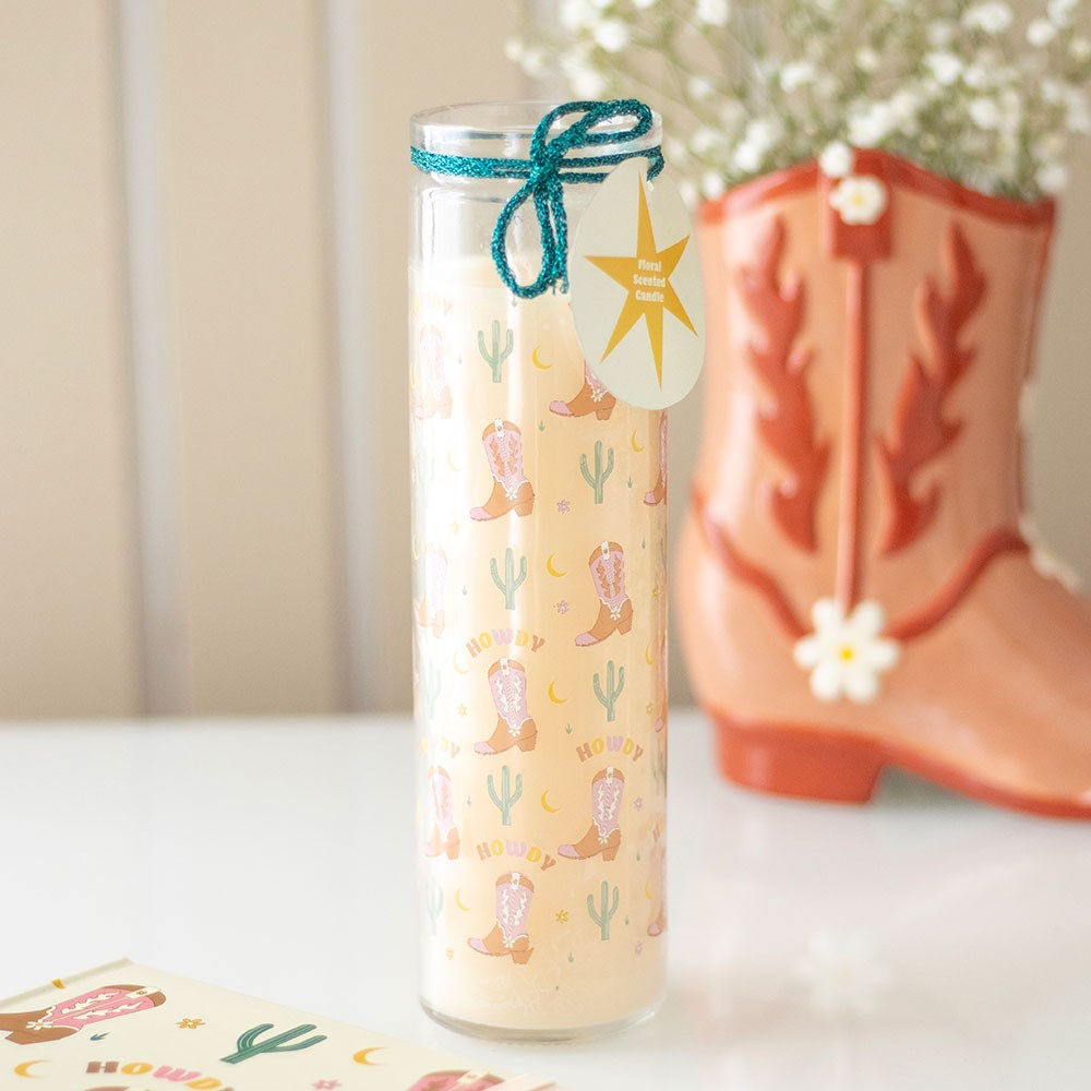 howdy cowboy tube candle with cowboy boot print