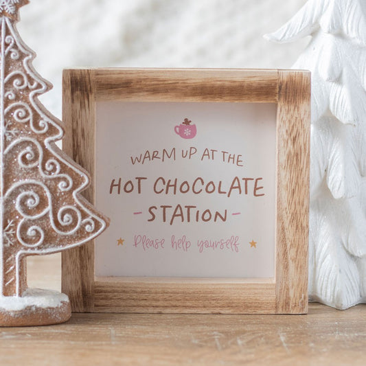 warm up at the hot chocolate station plaque with pink gingerbread mug and pin writing 15 cm square