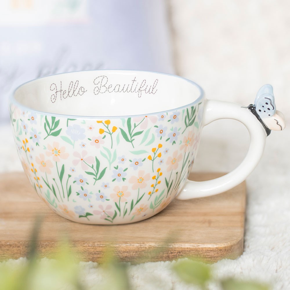 ditsy floral printed butterfly mug with hello beautiful written inside and butterfly on handle