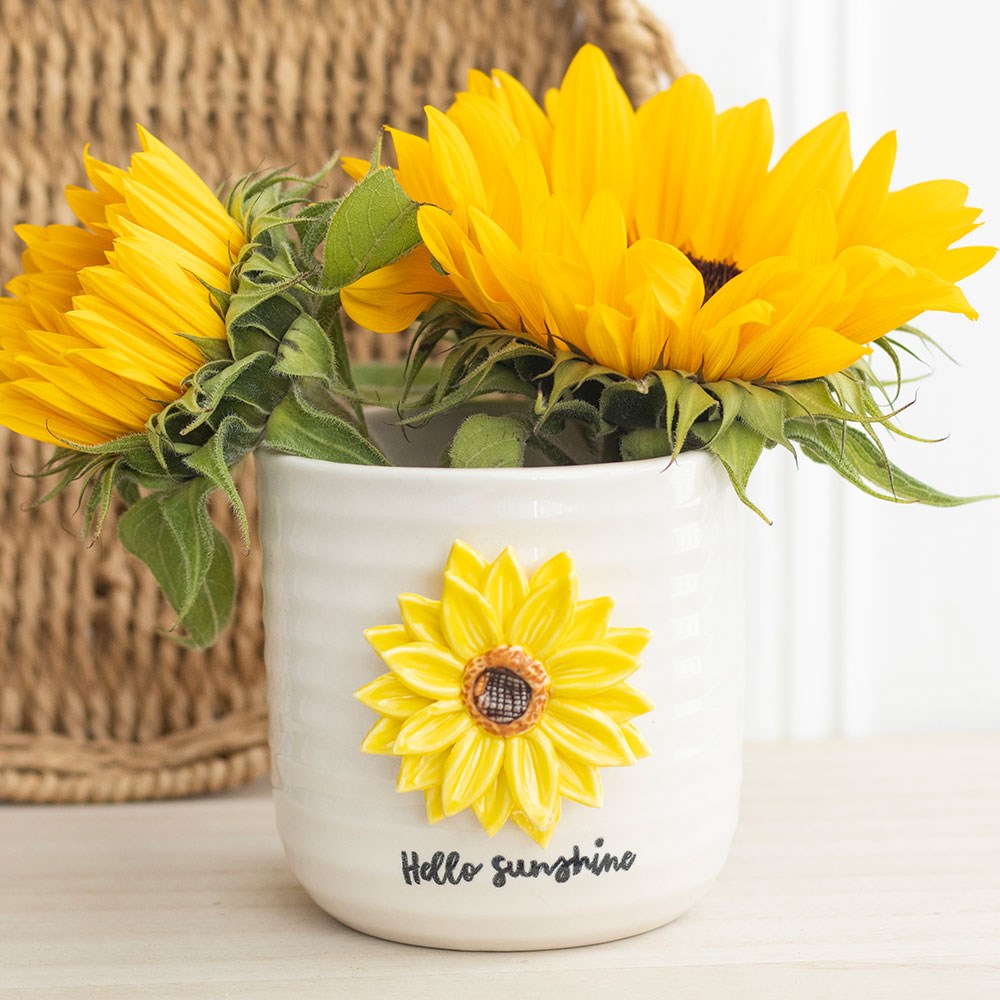 hello sunshine white plant pot with yellow 3d sunshine on the front