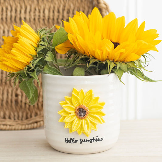 hello sunshine white plant pot with yellow 3d sunshine on the front