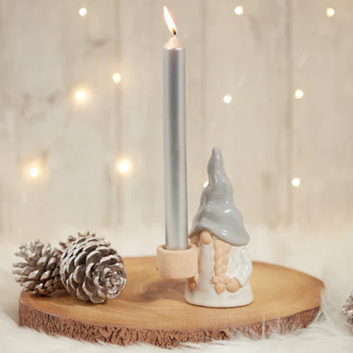 grey and white gnome candle holder 