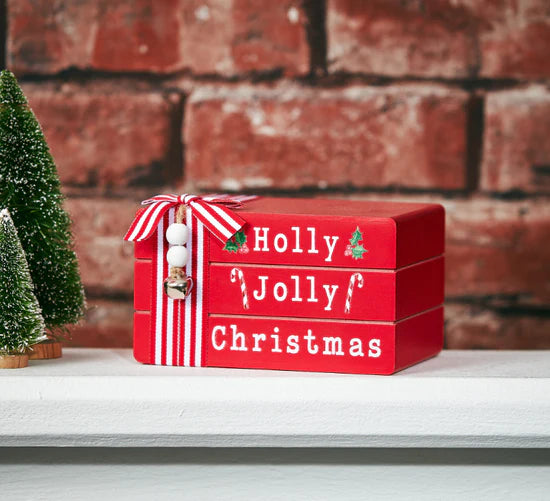 RED HOLLY JOLLY CHRISTMAS X3 BOOK STACK WITH RED RIBBON AND BELLS 