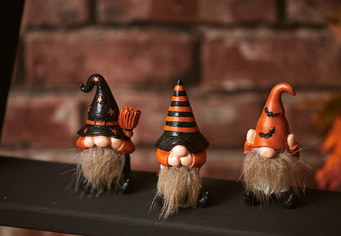 halloween gonk trio see hear speak no evil ornaments dressed in black and orange with mixed hats and beards