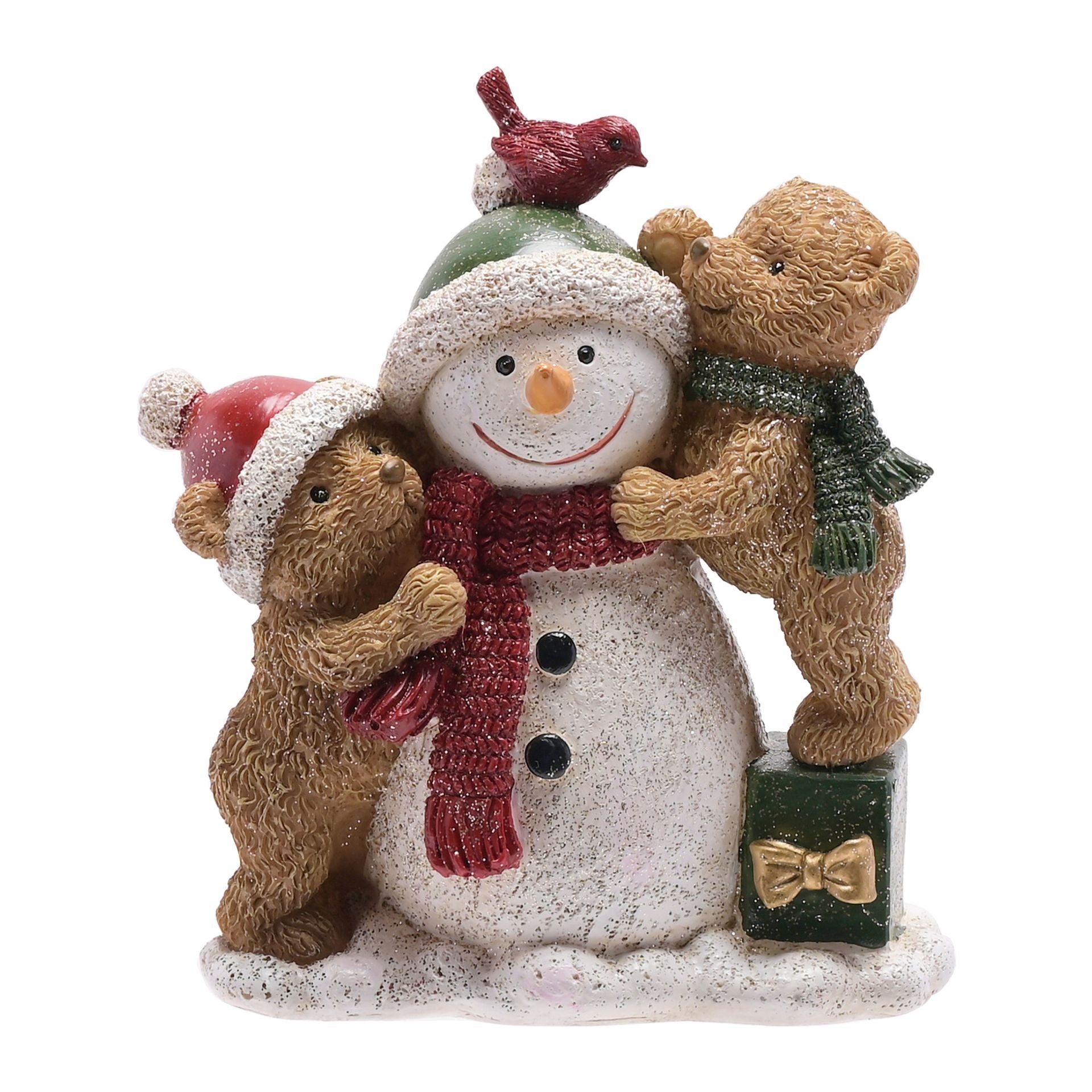 SNOWMAN & TEDDY BEAR FIGURINE WITH A BIRD ON THE SNOWMANS HEAD