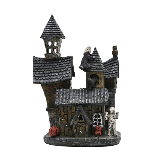 spooky house led ornament in black with ghosts, mummy and pumpkins