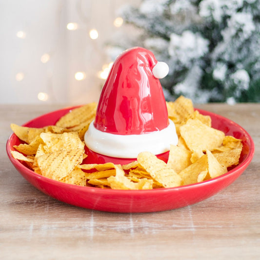 Santa hat ceramic chip and dip serving dish for Christmas parties, festive snacks and holiday entertaining