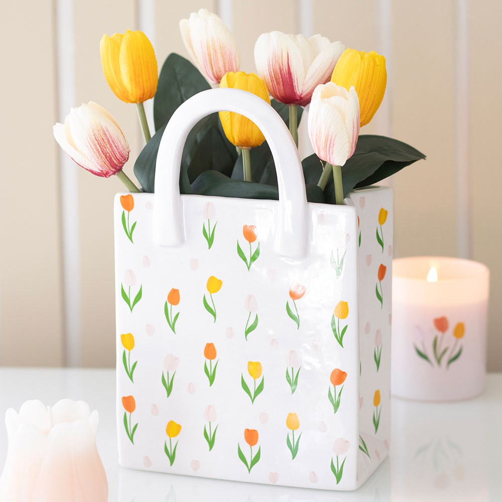 Ceramic tulip printed hand bag vase 