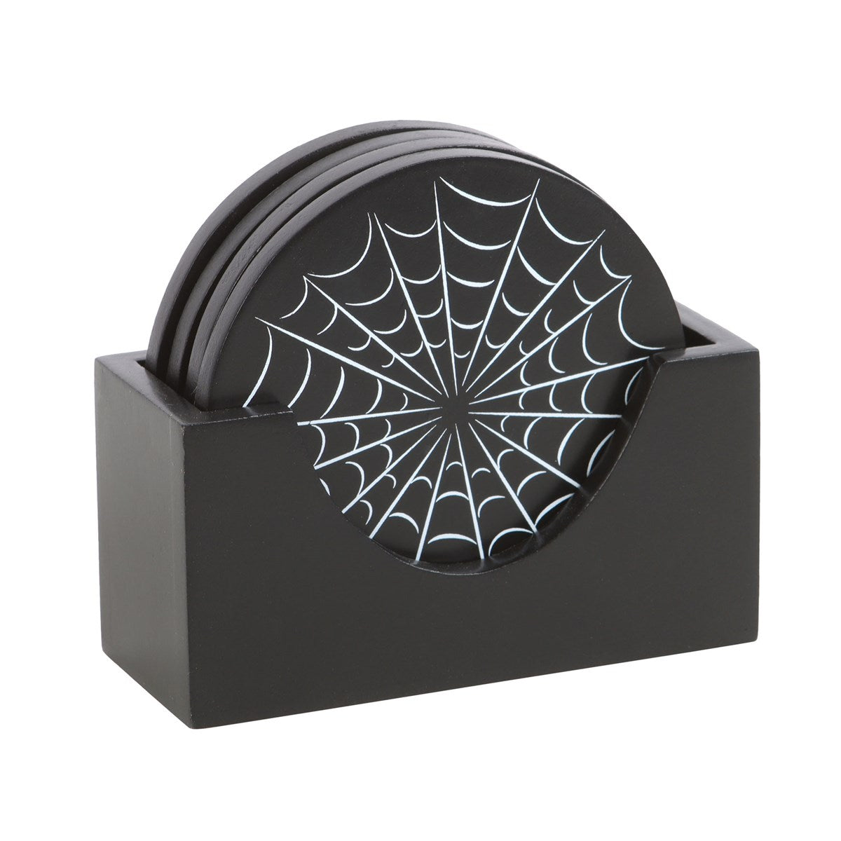 Black coaster set with spider web design in a black holder 