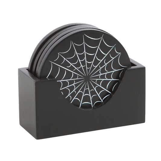 Black coaster set with spider web design in a black holder 