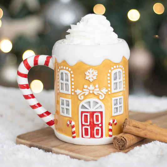 gingerbread house mug with candy cane handle