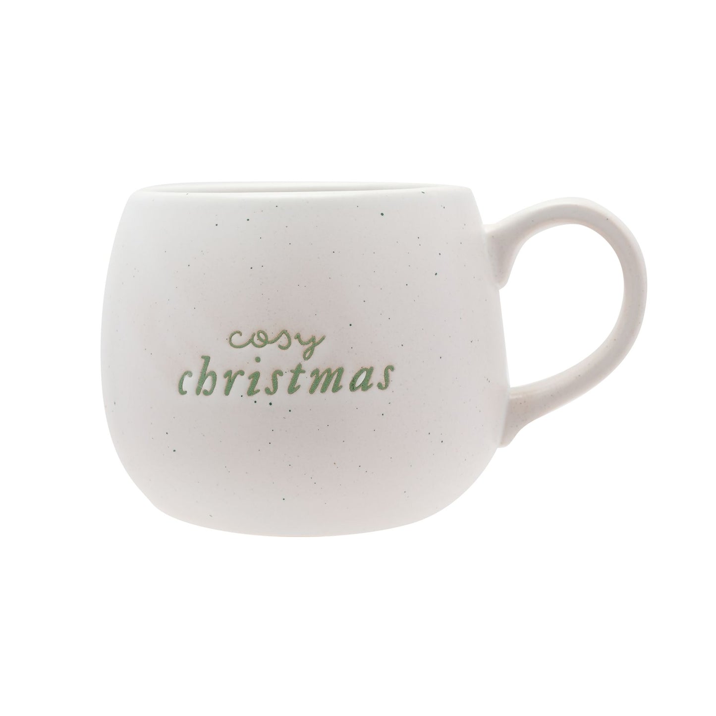 white speckled cosy christmas mug with hidden merry christmas message inside and green cosy christmas font