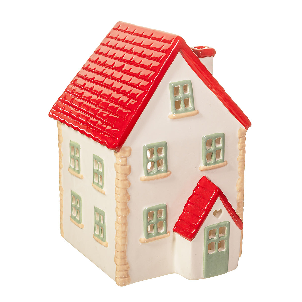 ceramic house shaped tea light holder in white red and green