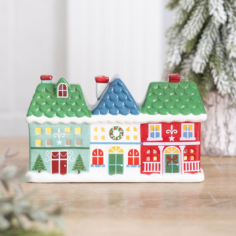 Christmas street tealight and incense cone holder with festive village houses for Christmas home decoration
