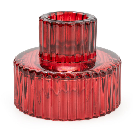 red double ended glass candle holder for taper and tea light candles