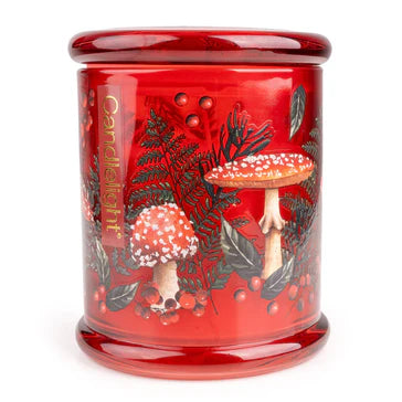 Large toadstool glass scented candle with woodland Flora & Fauna design in decorative glass jar