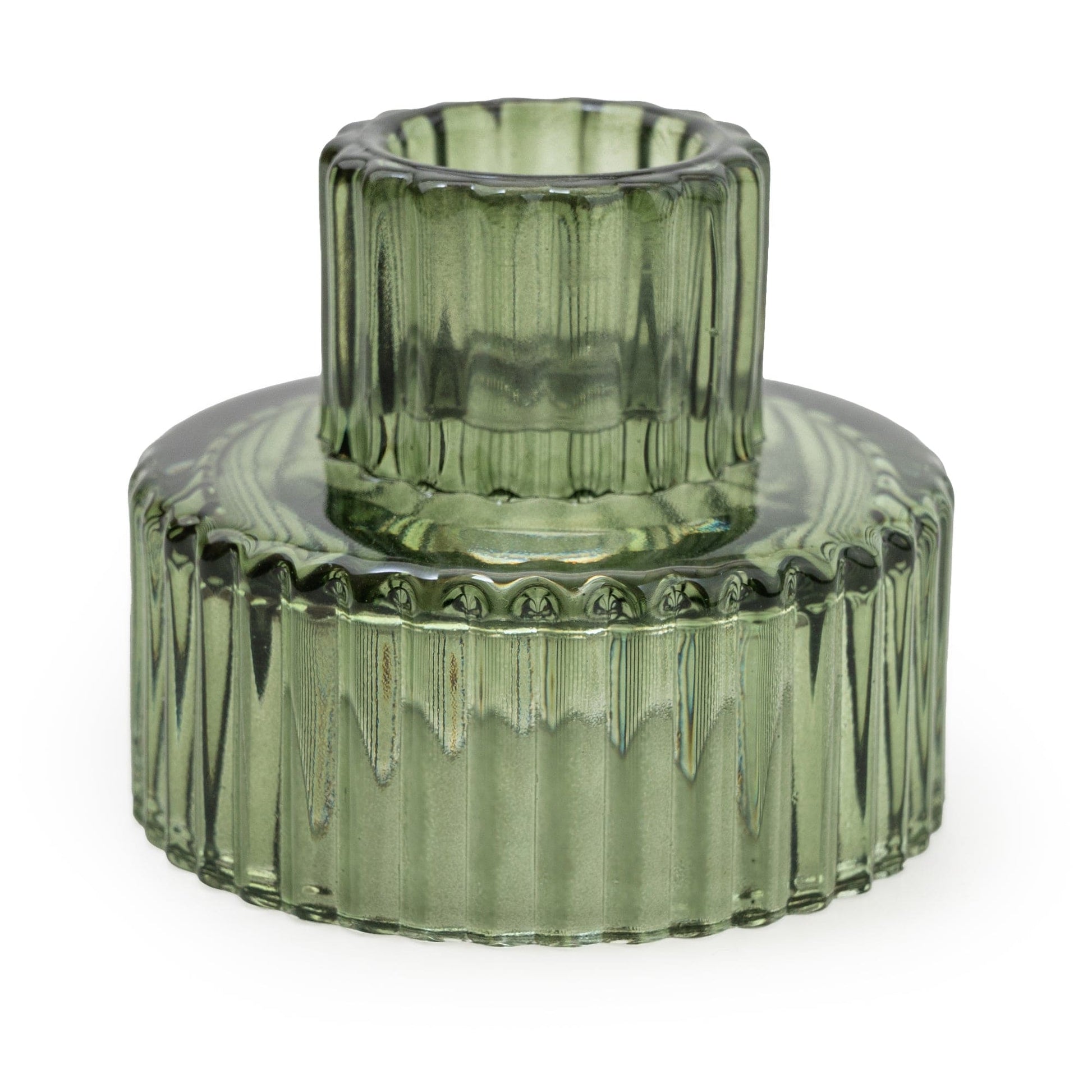 Green double ended glass candle holder for taper & tealight candles