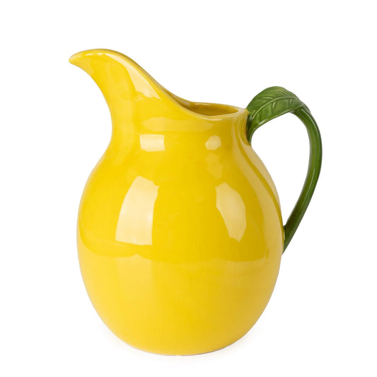 lemon yellow reactive glaze jug with green leaf handle