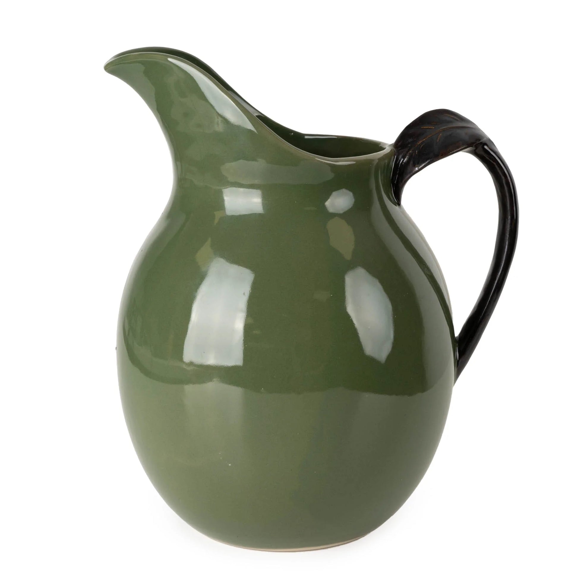 olive reactive glaze jug with brown leaf handle