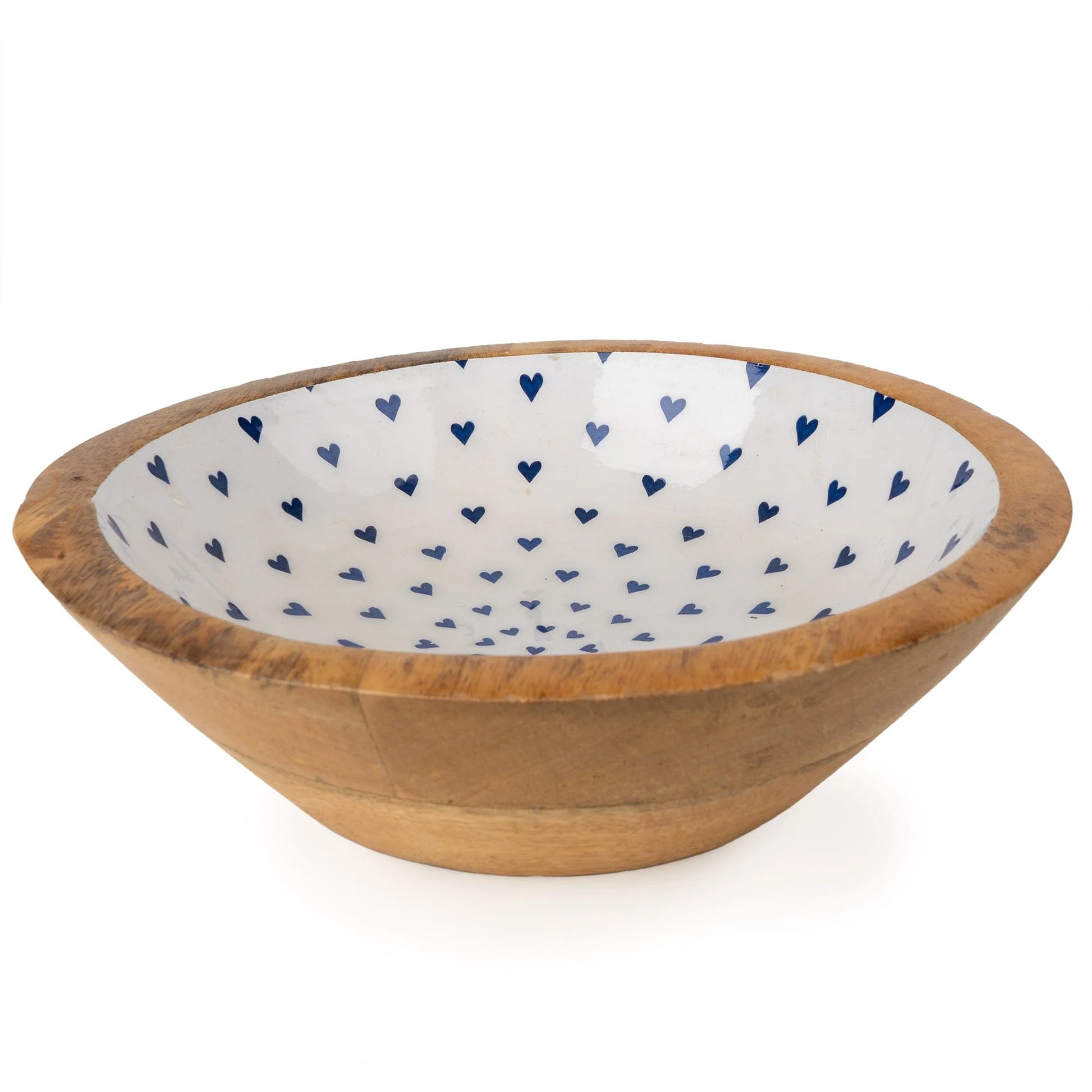 Wooden bowl with a white interior featuring blue heart patterns on a white background