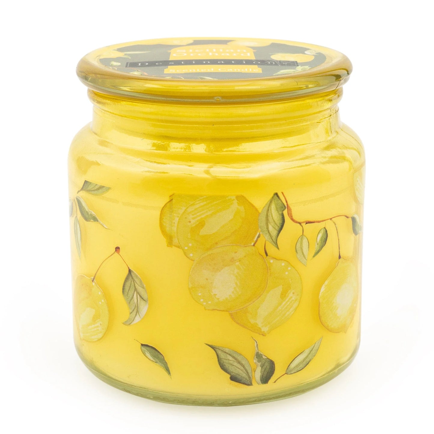 Yellow glass candle  jar with lemon design Sicilian orchard 