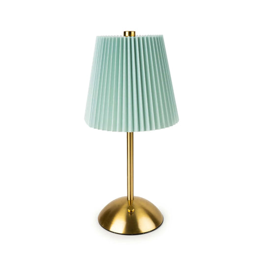 Duck egg pleated table lamp with gold base 30cm