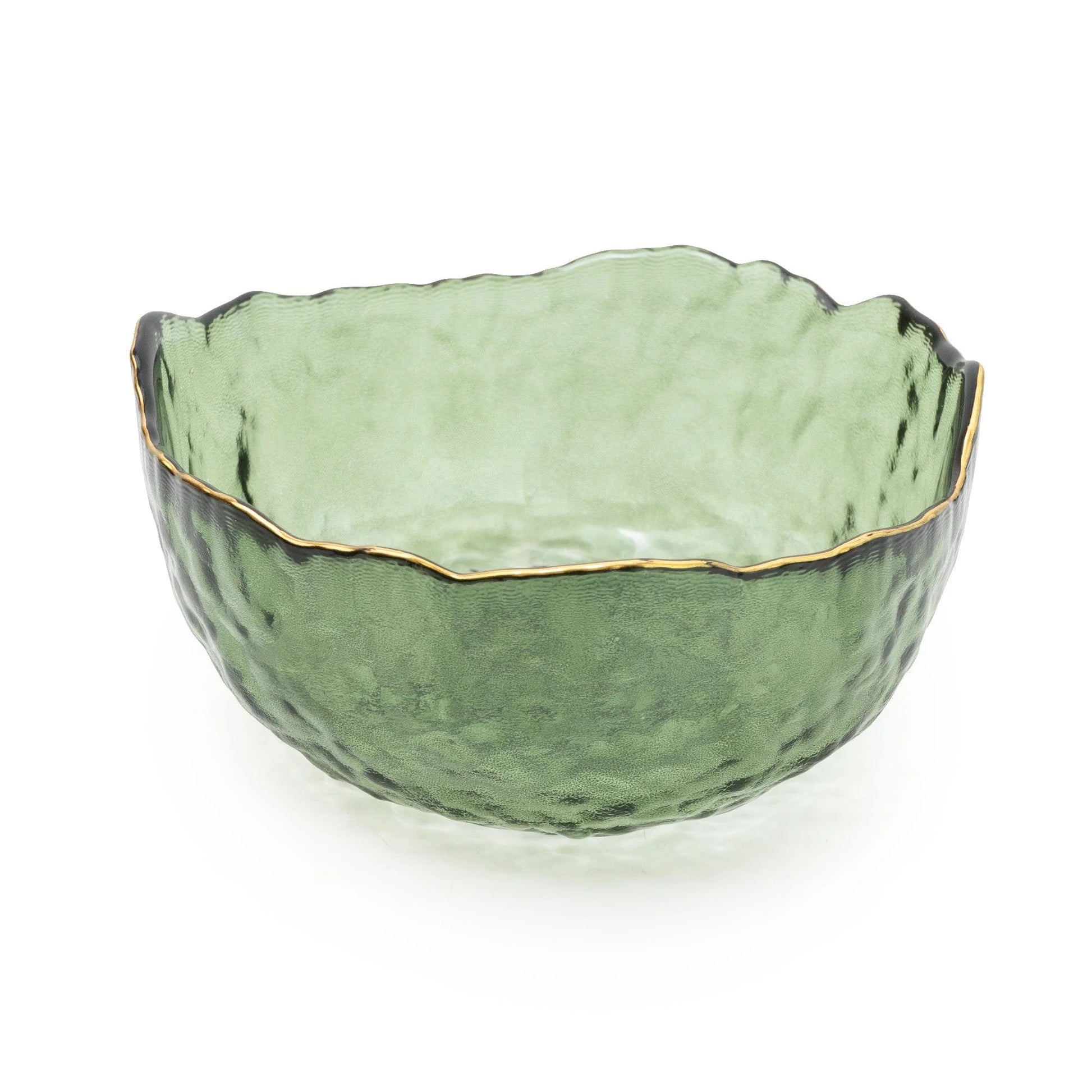 small Green glass bowl with a gold rim with wavy details 13cm