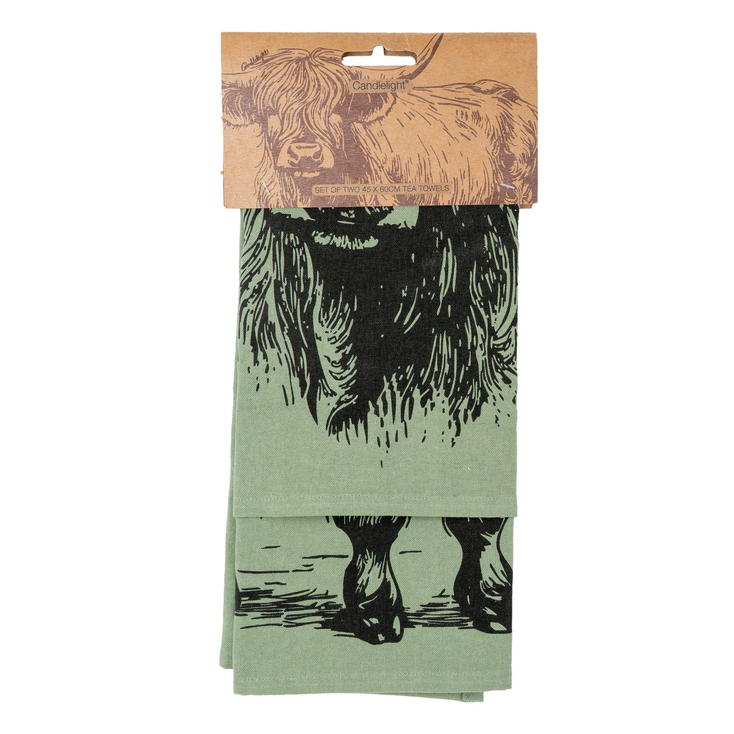 2 Green tea towels with a printed design of a highland cow displayed with a cardboard holder 