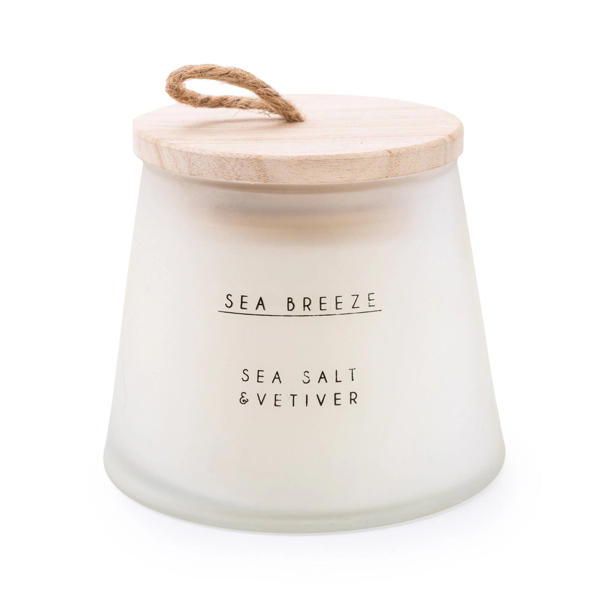 large Candle labeled 'Sea Breeze' with 'Sea Salt & Vetiver' with a wooden lid