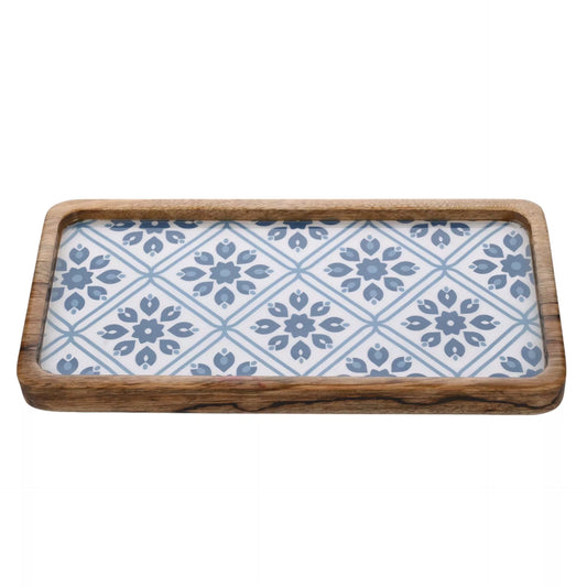 Mango Wood Serving Tray Blue Flowers