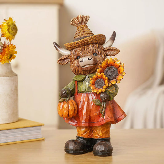 Decorative figurine of a cow in autumn attire with pumpkins and sunflowers 