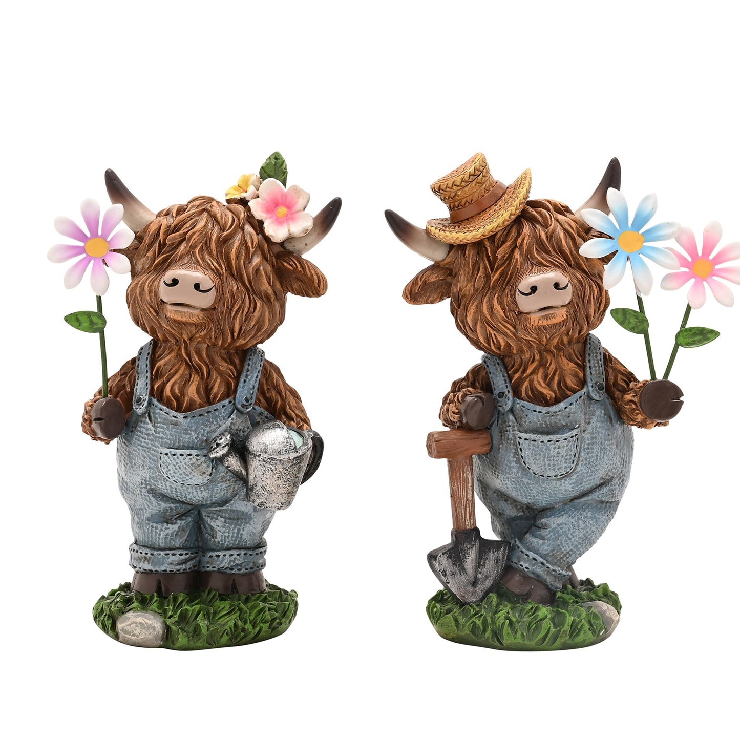 Two decorative figurines of Highland cows holding flowers