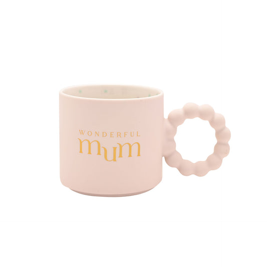 Pink mug with 'Wonderful Mum' text and matching bobble ring handle with stars inside