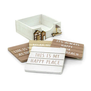 wooden beach coastal coaster set in a white box holder with beach houses and boat design